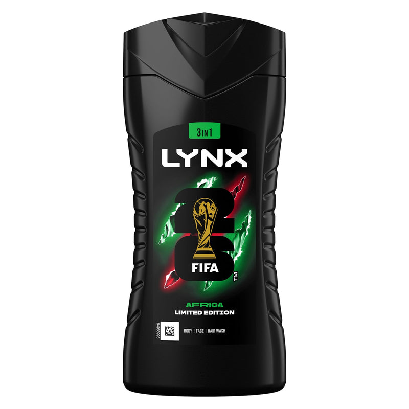 Lynx Limited Edition FIFA Africa 3-in-1 Body Wash 225ml, 12 Pack Men's Shower Gel for Body Hair Face, 12H Refreshing Fragrance, Hydrating Cleansing Shower Gel, Daily Grooming Body Wash for Men