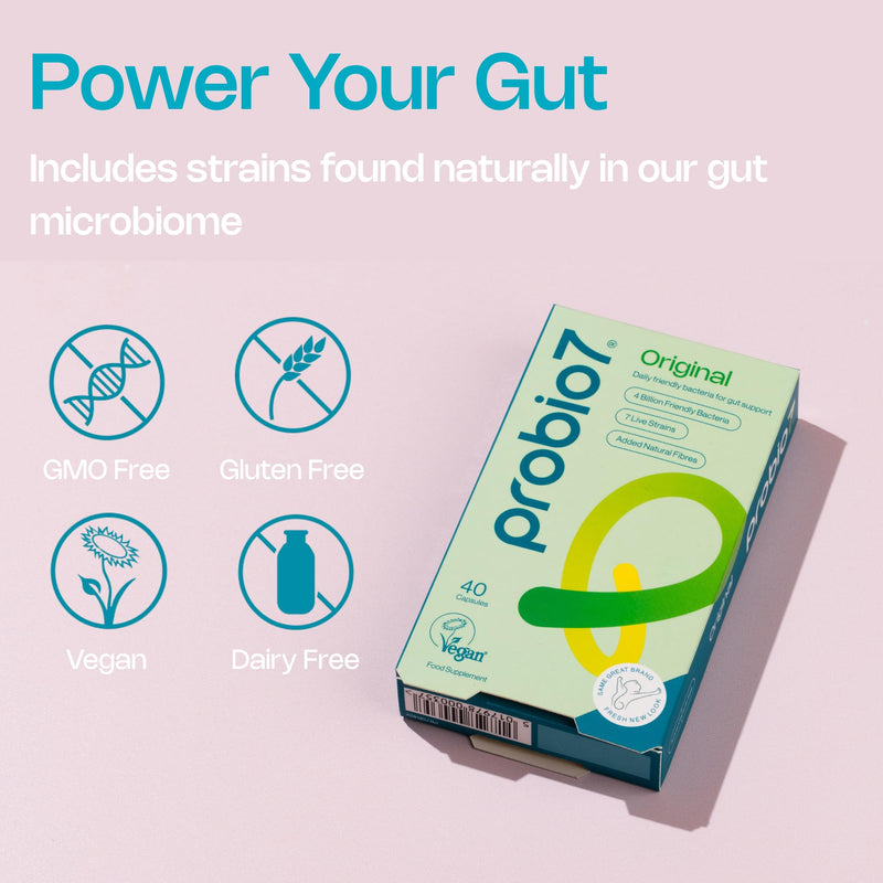 Probio7 Original | Vegan Approved | with 4 Billion CFU, 7 Live Bacterial Strains + 2 Types of Natural Fibre | Digestive Health Supplements, Probiotics for Gut Health