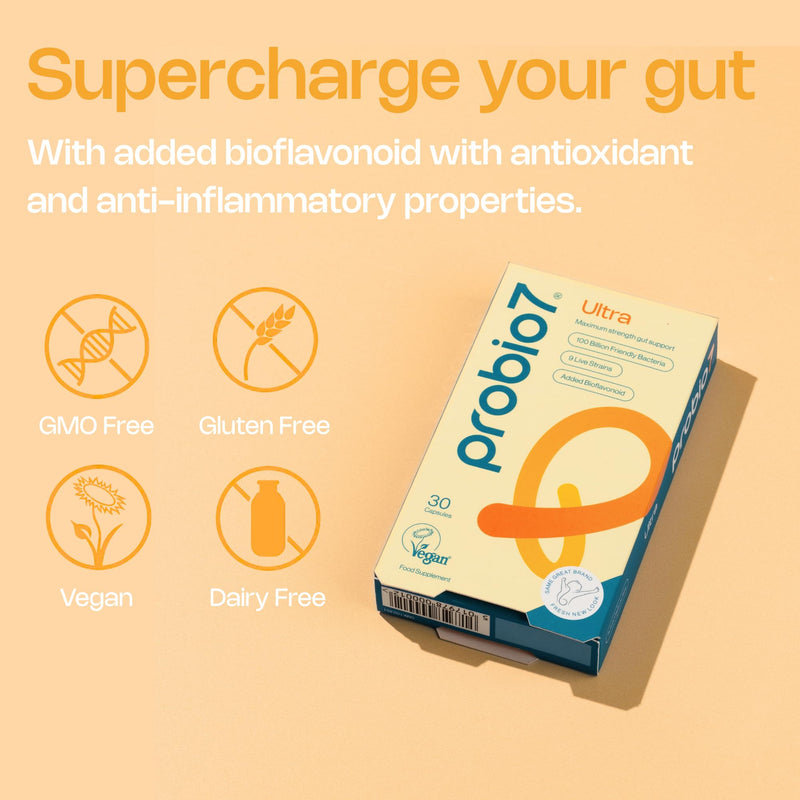 Probio 7 Ultra | 9 Live Strains | 100 Billion CFU, Saccharomyces boulardii & Bioflavanoid | Gut Health Supplements, Probiotics for Gut Health