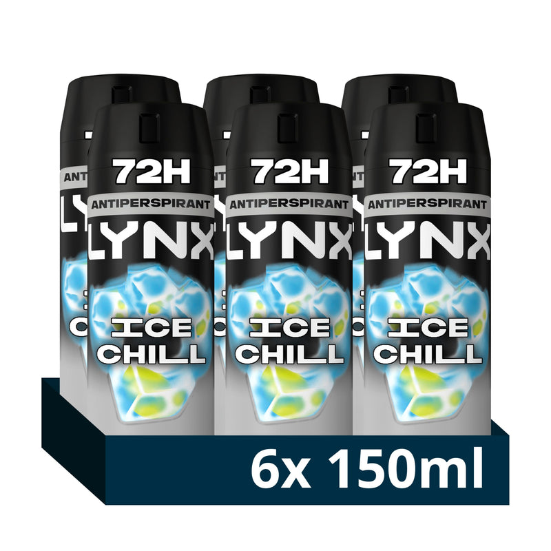 Lynx Ice Chill Anti-Perspirant Aerosol Men's Deodorant Spray with ProScent technology and an iced mint & lemon scent for 72 hours protection against odour and wetness 6x 150 ml