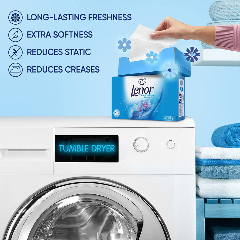 2 Pack of Lenor Tumble Dryer Fabric Conditioner Sheets Spring Awakening, 34 Sheets for Clean & Soft Fabrics and Essential Fragrance with Revitalising Scent