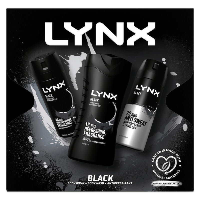 LYNX Black Trio Gift Set For Men Bodyspray 150 ml, Bodywash 225 ml & Antiperspirant 150 ml, Gift For Him, 3.0 count