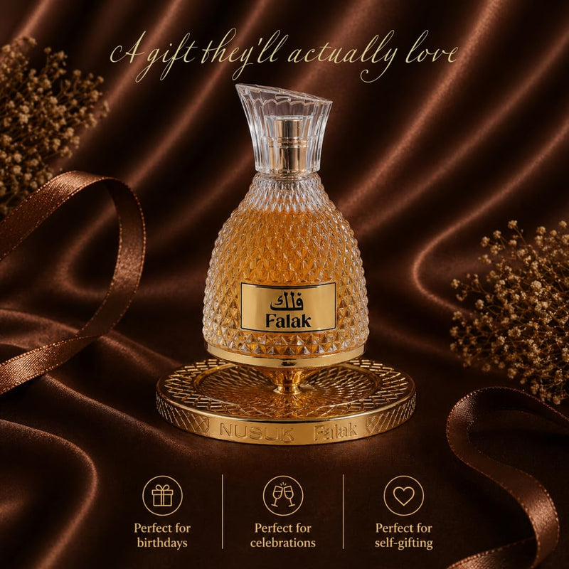 NUSUK Falak Eau De Parfum 100ml Unisex Long Lasting Perfume Caramel, Vanilla & Praline Fragrance Warm Gourmand Scent Elegant Spray Glass Bottle