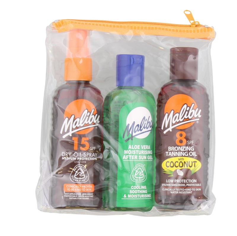 Malibu Sun Travel Tanning Essentials with Dry Oil Spray Medium Protection and After Sun Lotion, Multipack, 3