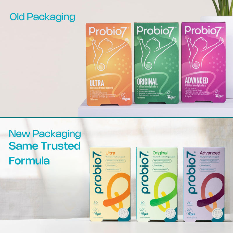Probio7 Original | Vegan Approved | with 4 Billion CFU, 7 Live Bacterial Strains + 2 Types of Natural Fibre | Digestive Health Supplements, Probiotics for Gut Health