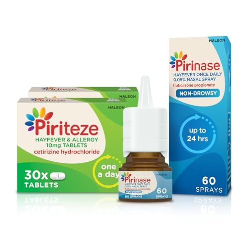 Piriteze Allergy Relief Antihistamine Tablets (60) & Pirinase Hayfever Once Daily Nasal Spray Bundle - Hayfever Tablets with Cetirizine - Hayfever Nasal Spray - Allergy Tablet & Sinus Relief