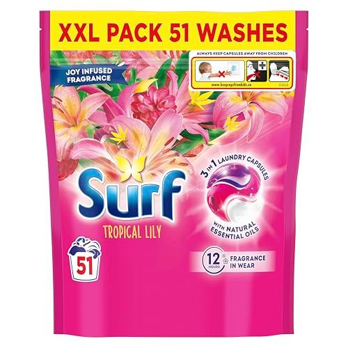 Surf 3 in 1 Tropical Lily Laundry Washing Detergent Capsules joy-infused fragrance with natural essential oils lasting up to 12 hours in wear for brilliantly clean results 51 washes
