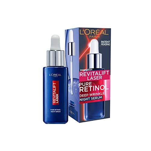 L'Oreal Paris Pure Retinol Serum, Revitalift Laser Deep Anti-Wrinkle Retinol Night Serum For Face [Revitalift Laser Retinol Serum 30ml + x3 Hydra Genius Moisturiser Sachets 3ml]