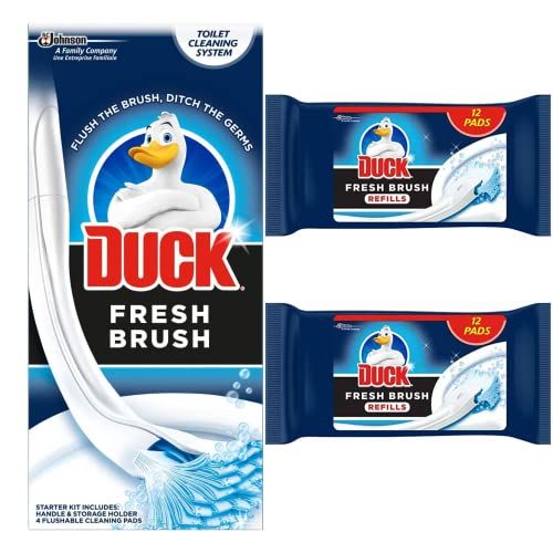 Toilet Cleaner Starter Kit Bundle Includes 1 Duck Fresh Brush With Holder and 24 Flushable Cleaning Duck Fresh Brush Refill Pads