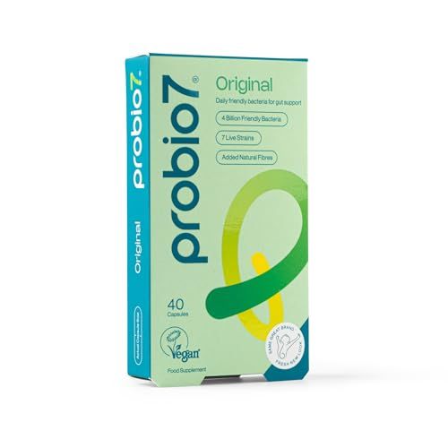 Probio7 Original | Vegan Approved | with 4 Billion CFU, 7 Live Bacterial Strains + 2 Types of Natural Fibre | Digestive Health Supplements, Probiotics for Gut Health