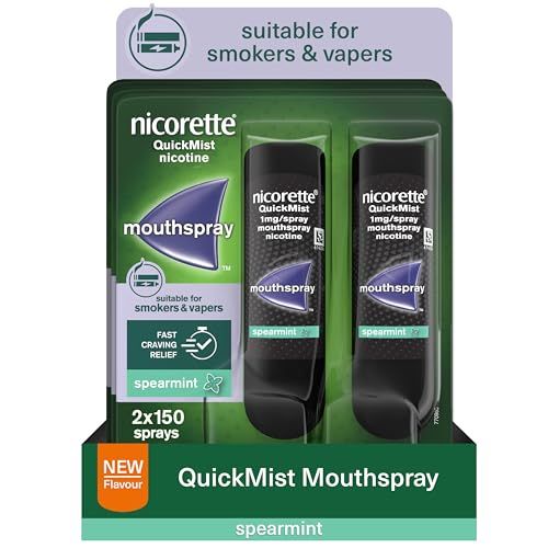 Nicorette QuickMist Mouthspray, New Spearmint Flavour (2x150 Sprays), Quit Smoking or Quit Vaping aid, Starts to Reduce Cravings in 30 Seconds, New mild Mint Flavour (Quit Smoking or Quit Vaping aid)