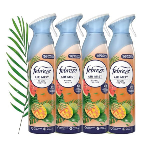 Febreze Air Freshener Spray FRUITY TROPICS 185ml x 4 | Odour Eliminator with OdourClear Technology | Non-Flammable, Long-Lasting Room Freshener, Exotic Fruity Fragrance