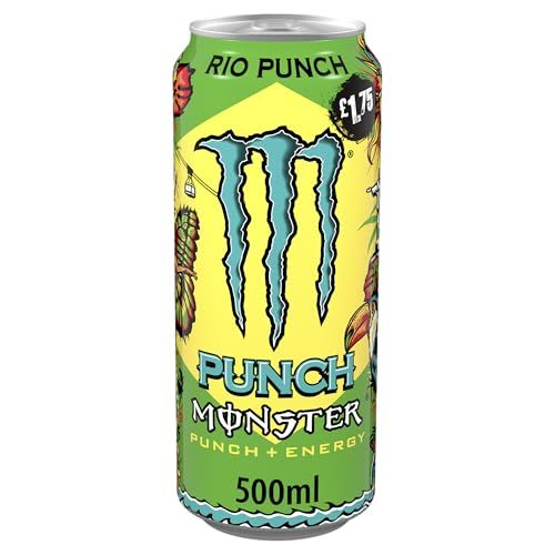 Monster RIO PUNCH Energy Drink 12 x 500ml Cans Tropical Flavour High Caffeine Carbonated Energy Beverage