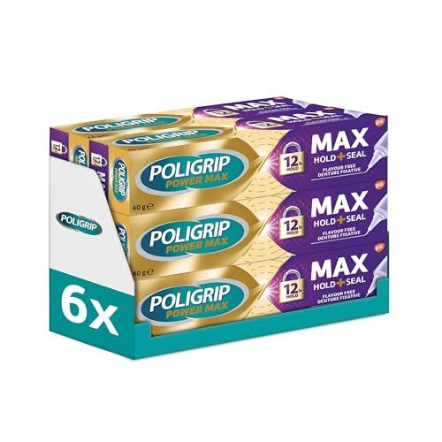 Poligrip Denture Adhesive, Max Seal Fixative Cream to Secure Dentures, False Teeth & Partials, 40g, Pack of 6