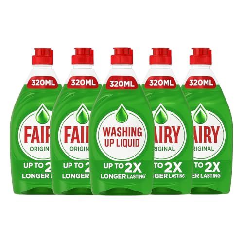 5 x Fairy Original Washing Up Liquid 320ml Bottles – Concentrated Powerful Grease-Cutting Dishwashing Liquid with Long-Lasting Fresh Scent – Gentle on Hands Kitchen Cleaning Essential + Epished Guides
