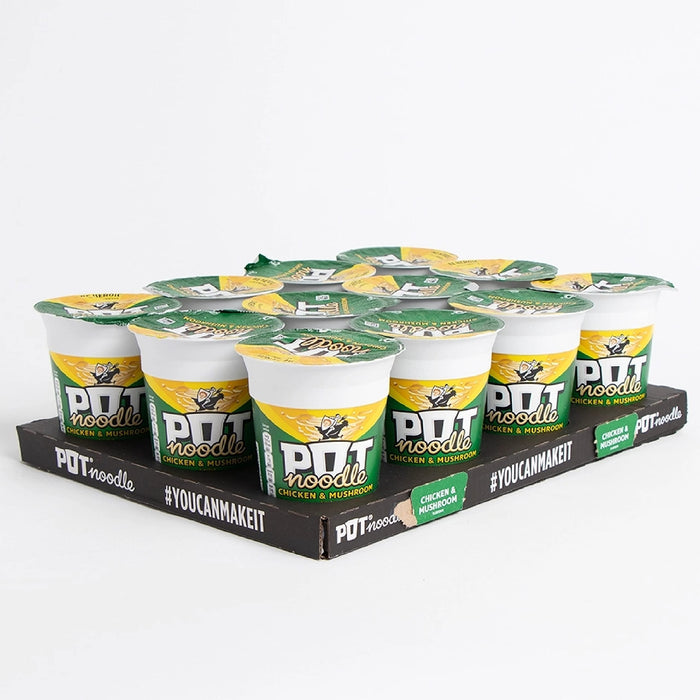 Chicken & Mushroom Pot Noodle Multipack - Pack of 12 x 90g Instant Pot Noodles with Topline Card. Chicken Soup Snack Pots Bulk Buy for Camping Food, Picnics or School Holidays.