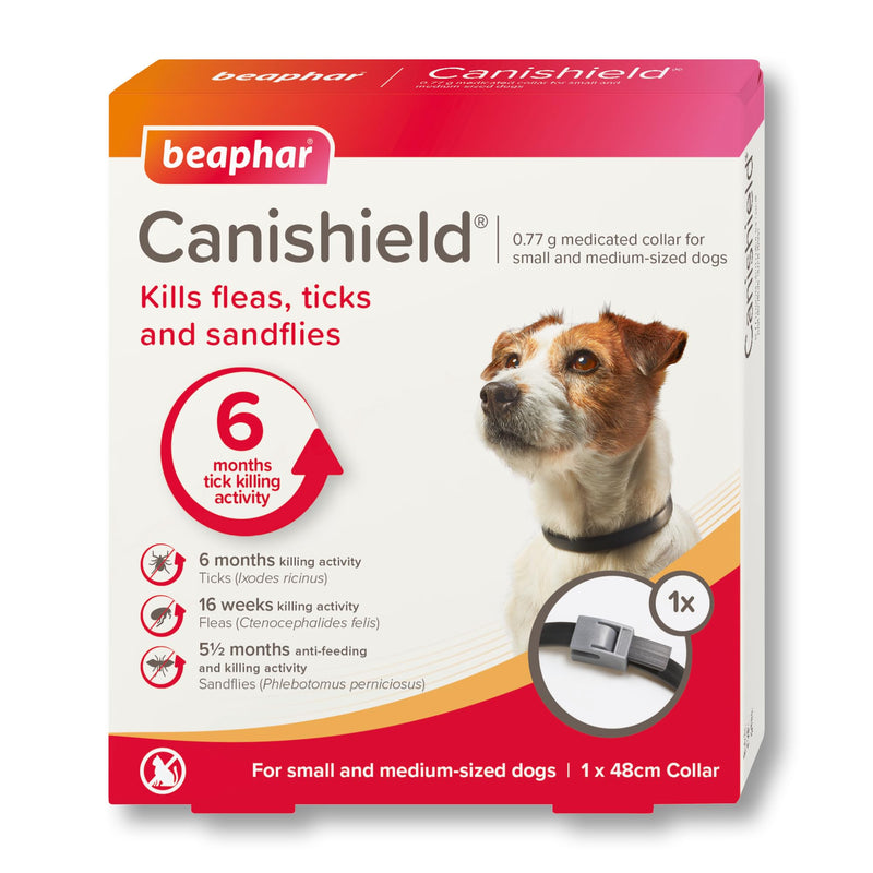 Beaphar - Canishield® Medicated Flea & Tick Collar for Small/Med Dogs Kills Fleas, Ticks & Sandflies – 4-6 months Long-Lasting Protection - Vet-Strength Flea Treatment – Adjustable collar up to 48cm