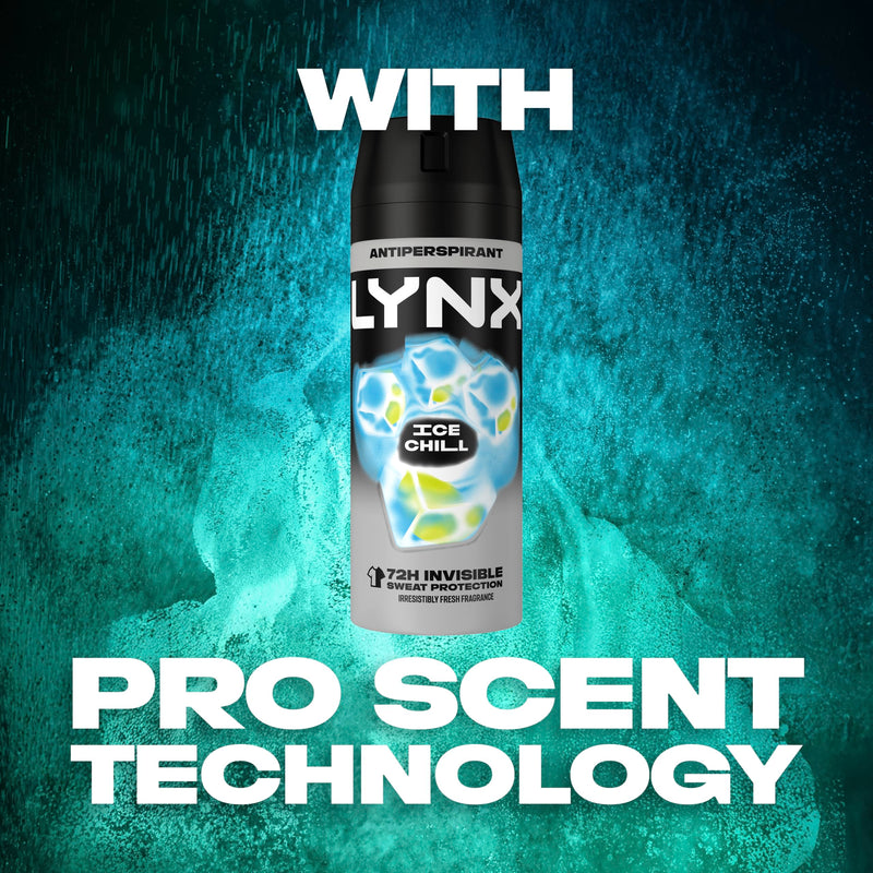 Lynx Ice Chill Anti-Perspirant Aerosol Men's Deodorant Spray with ProScent technology and an iced mint & lemon scent for 72 hours protection against odour and wetness 6x 150 ml