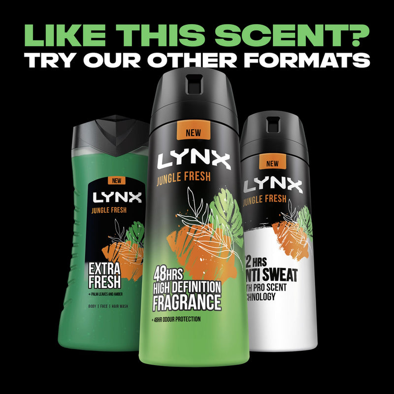 Lynx Jungle Fresh 3-in-1 Body Wash Hair, Face and Body Cleanser shower gel with a palm leaf & amber scent for an all day fresh & clean feel 6x 225 ml