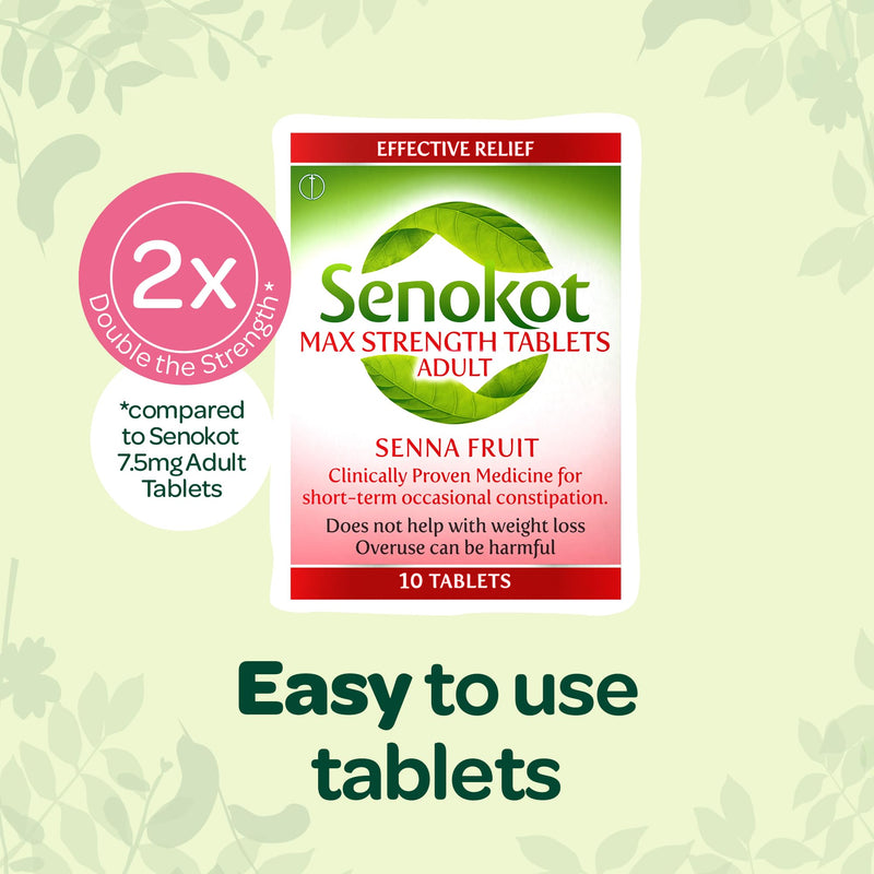 Senokot Strength Max Tablets Adults, Senna Fruit, 10 Count, Constipation Relief for Adults, Dual Action Laxative, Double Action Constipation Relief, Effective Overnight
