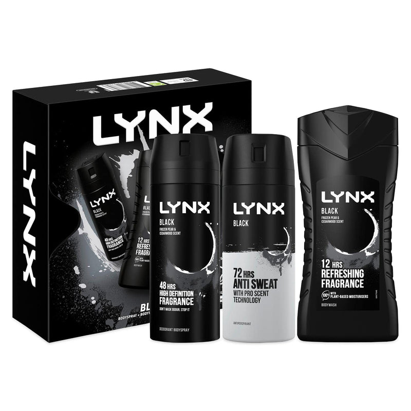 LYNX Black Trio Gift Set For Men Bodyspray 150 ml, Bodywash 225 ml & Antiperspirant 150 ml, Gift For Him, 3.0 count