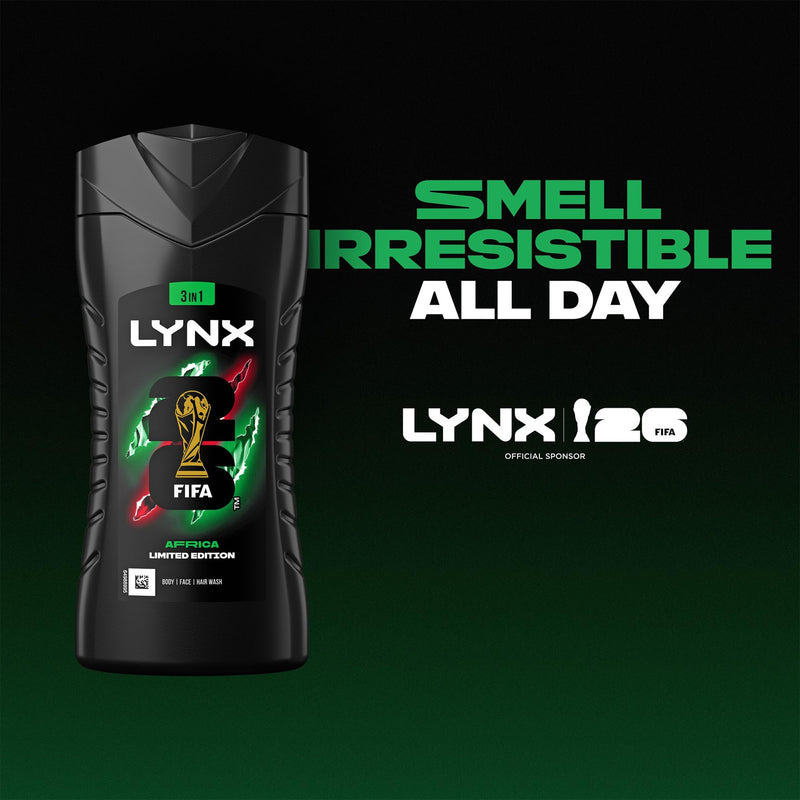 Lynx Limited Edition FIFA Africa 3-in-1 Body Wash 225ml, 12 Pack Men's Shower Gel for Body Hair Face, 12H Refreshing Fragrance, Hydrating Cleansing Shower Gel, Daily Grooming Body Wash for Men