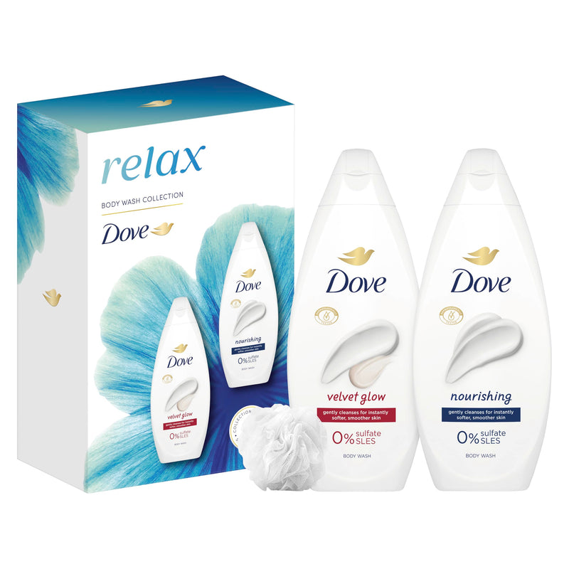 Dove Relax Duo Gift Set Body Wash Collection with a shower puff perfect gifts for her 2 piece