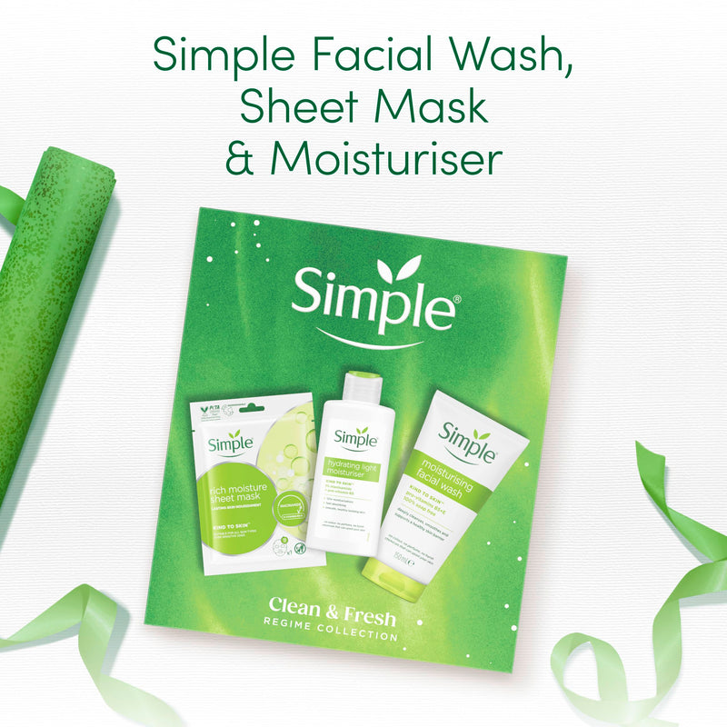 Simple Gift Set Simple Clean & Fresh Regime Collection with a facial wash, a sheet mask, and a moisturiser perfect for any occasion 3 piece