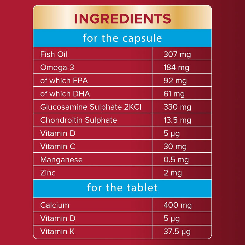 Seven Seas JointCare Plus Calcium, with Omega-3, Glucosamine, Chondroitin, Vitamins C, D and K, Manganese and Zinc, Food Supplements, 30-Day Pack