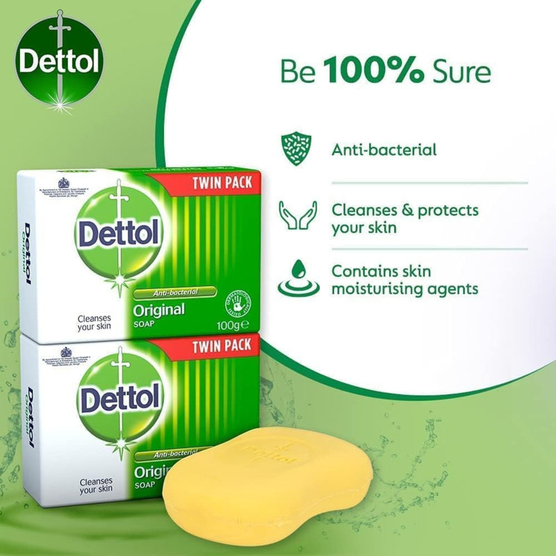 Dettol Soap Original Antibacterial Bar - 3 Twin Pack, 6 x 100g Antibacterial Hand & Body Soap Bar – Disinfects and Kills 99.99% of Germs, Ideal for Handwashing and Cleansing