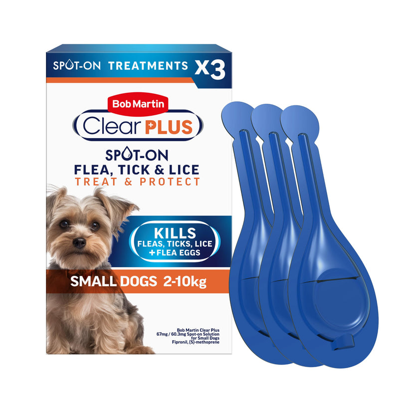 Bob Martin Clear Plus Spot On Flea Treatment for Large, Small and Medium Dogs- Kills Fleas, Ticks, Lice and Flea Eggs (3 Pipettes)