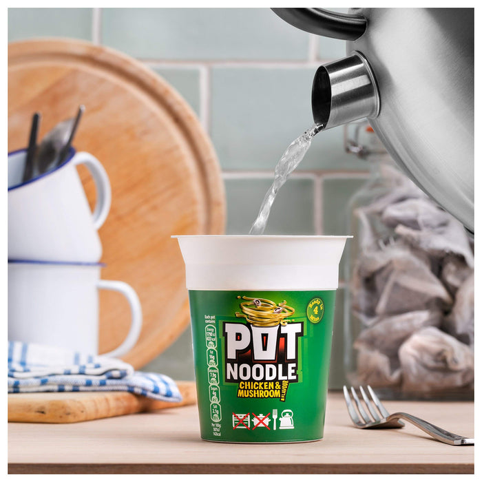 Chicken & Mushroom Pot Noodle Multipack - Pack of 12 x 90g Instant Pot Noodles with Topline Card. Chicken Soup Snack Pots Bulk Buy for Camping Food, Picnics or School Holidays.