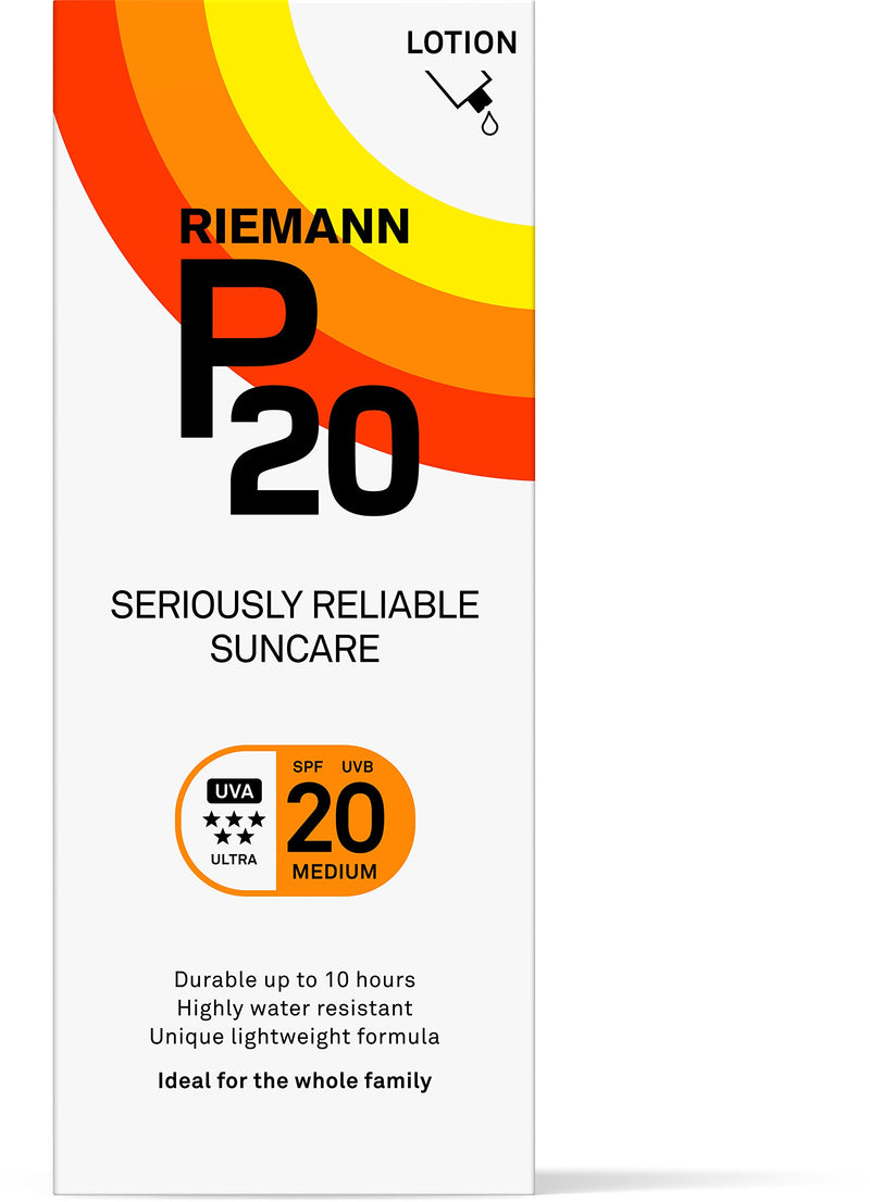 Riemann P20 Once a day Sunscreen SPF20 Cream/Lotion 100ml. Non greasy, hydrating, absorbs fast & long lasting, 5 star UVA & UVB, protection up to 10hrs, water resistant. No fragrance, all day long.