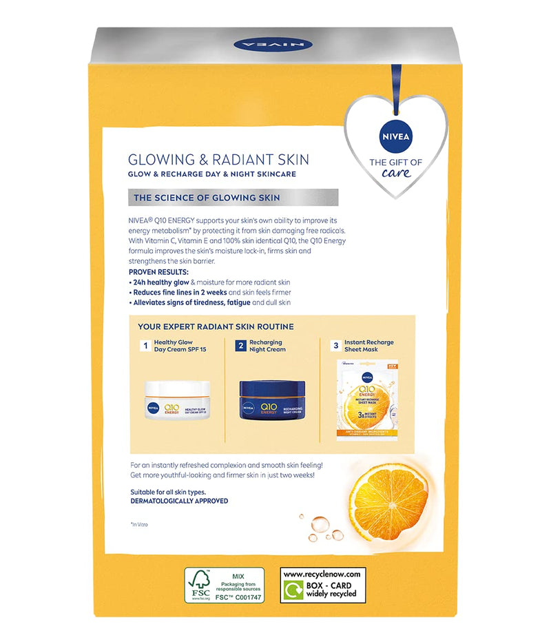 NIVEA Glowing & Radiant Gift Set (3 Pieces), NIVEA Gift Set Includes 100% Skin Identical Q10 Enriched Day Cream, Night Cream, and Face Sheet Mask, Gifts for Women