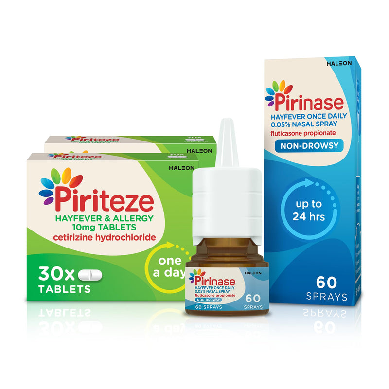 Piriteze Allergy Relief Antihistamine Tablets (60) & Pirinase Hayfever Once Daily Nasal Spray Bundle - Hayfever Tablets with Cetirizine - Hayfever Nasal Spray - Allergy Tablet & Sinus Relief