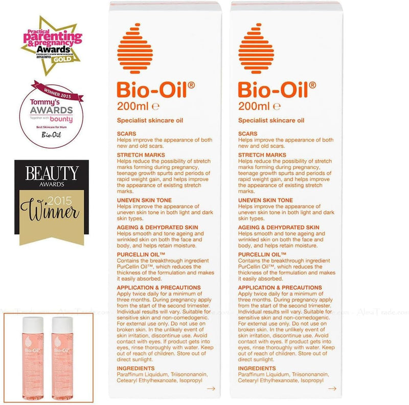 Bio Oil Skincare Facial Oil for Scars, Stretch Marks and Uneven Skin Tone, 200ml, 2 Pack