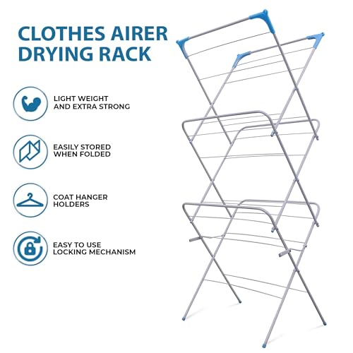 3 Tier Folding Clothes Airer - For Laundry, Indoor And Outdoor | Non-Slip Feet & Corner Spaces for Hangers | Home Storage - Foldable Drying Rack, Lightweight, Space Saving Washing Line