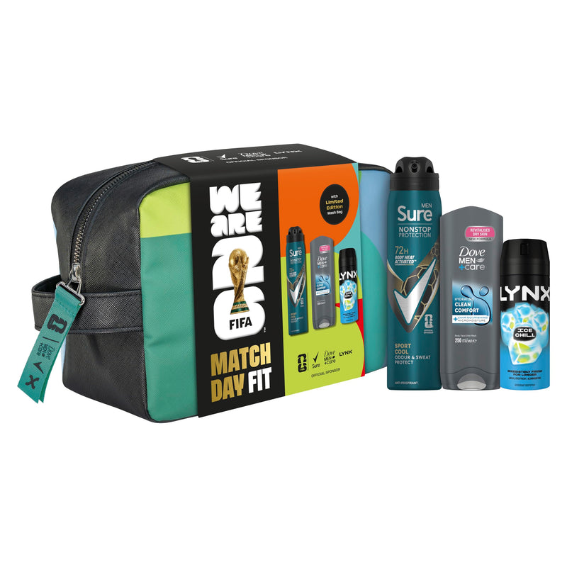 Dove, Lynx, Sure Gift Set Washbag for Him with an advanced anti-perspirant, body wash, body spray & limited edition wash bag Match Day Fit for him 3 piece