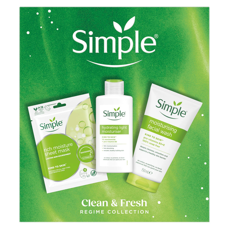 Simple Gift Set Simple Clean & Fresh Regime Collection with a facial wash, a sheet mask, and a moisturiser perfect for any occasion 3 piece