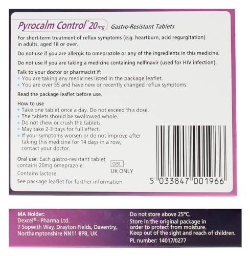 Pyrocalm Control Gastro-Resistant Tablets 20mg, 14 Tablets, Pack of 1