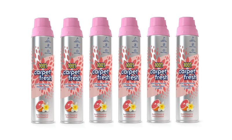 1001 Carpet Fresh Exotic Flowers & Pink Grapefruit Fragrance – Quick drying, For use On Carpet Rug Upholstery Freshening Foam Pet Odour Remover, Pack of 6 300ml Aerosol Spray Can