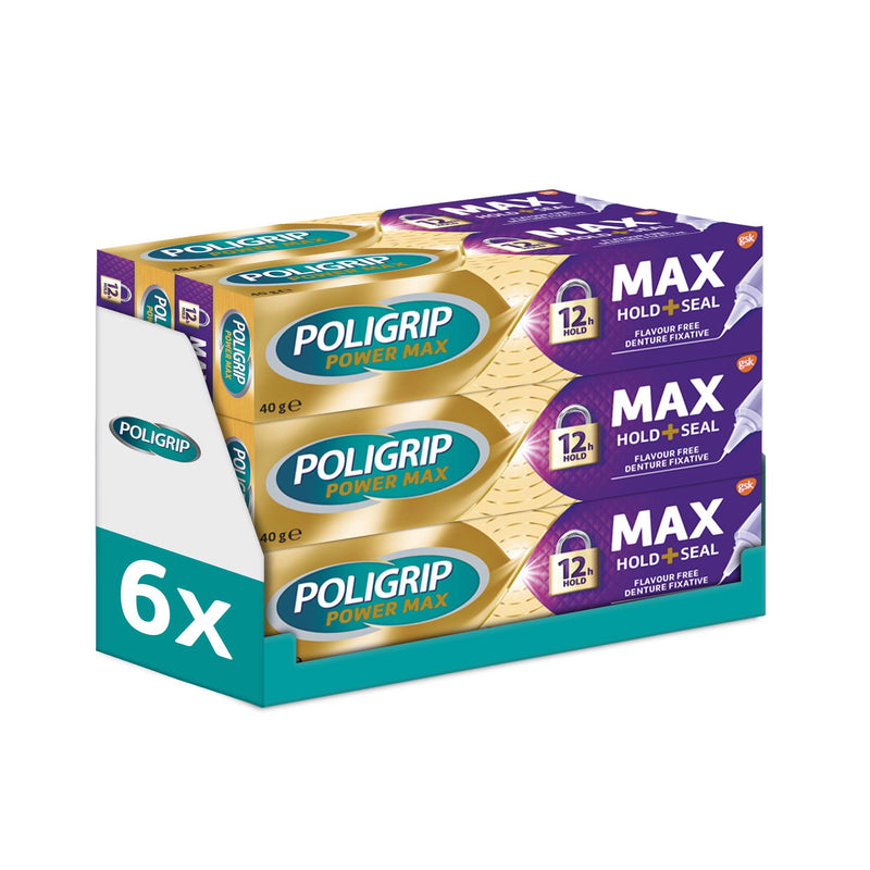Poligrip Denture Adhesive, Max Seal Fixative Cream to Secure Dentures, False Teeth & Partials, 40g, Pack of 6