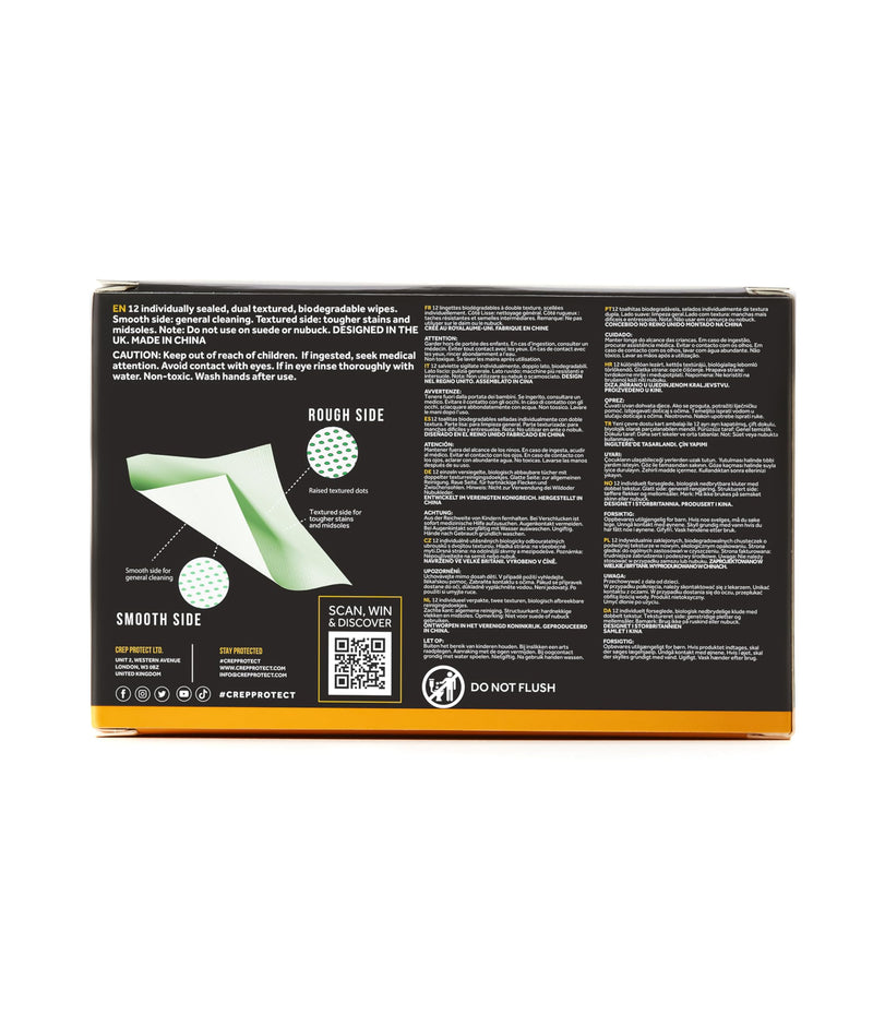 Crep Protect Shoe Wipes - Biodegradable, Dual-Sided Sneaker Cleaning Wipes for Quick Dirt & Scuff Removal - Individually Wrapped (Pack of 12)