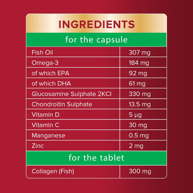 Seven Seas JointCare Plus Collagen, with Omega-3, Glucosamine, Chondroitin, Vitamins C and D, Manganese and Zinc, Food Supplements, 30-Day Pack