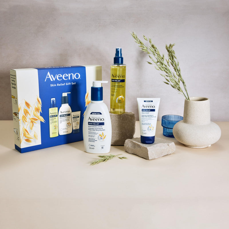 Aveeno Skin Relief Gift Set for Very Dry Skin, Body Oil Spray 200ml + Moisturizing Lotion 300ml + Moisturizing Hand Cream 75ml, Pack of 3