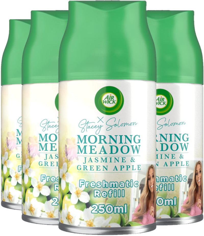 Air Wick Automatic Air Freshener Freshmatic Spray Refills, Morning Meadow, Pack 4 x 250ml, Natural Essential Oils, Last up to 280 Days, Air freshener
