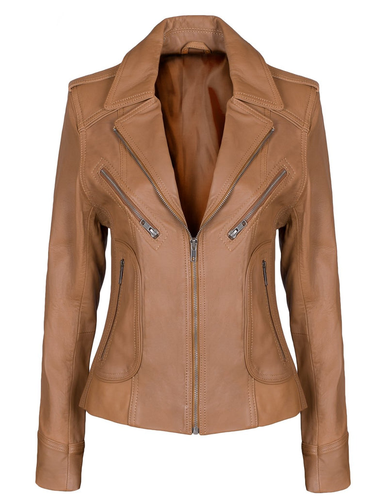 Mc Murray Ladies Real Leather Tan Biker Fashion Jacket UK Size 8-18