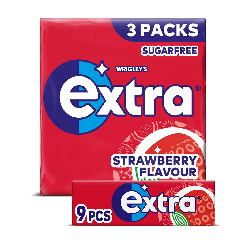 Extra Sugar-free Chewing Gum, Refreshing Strawberry Flavour, Freshens Breath, With Xylitol, Helps with Oral Hygiene for Healthy Teeth & Gums 20 x (3 x 9pieces)