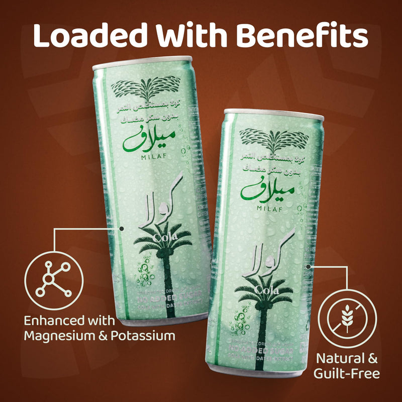 Milaf Cola Sparkling Soft Drinks Date Extract Carbonated Beverage Fizzy Drinks No Added Sugar Cola High Fibre No Aspartame Delicious & Healthy Alternative 240ml Cans (Pack of 24)