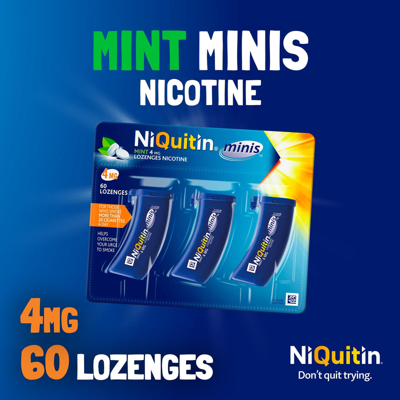 NiQuitin Minis Mint 4 mg Lozenges - Effective Smoking Craving Relief - Practical Pocket-Sized Container - 60 Mini Lozenges - Relieve Sudden Cravings - Reduce and Quit Smoking Aid